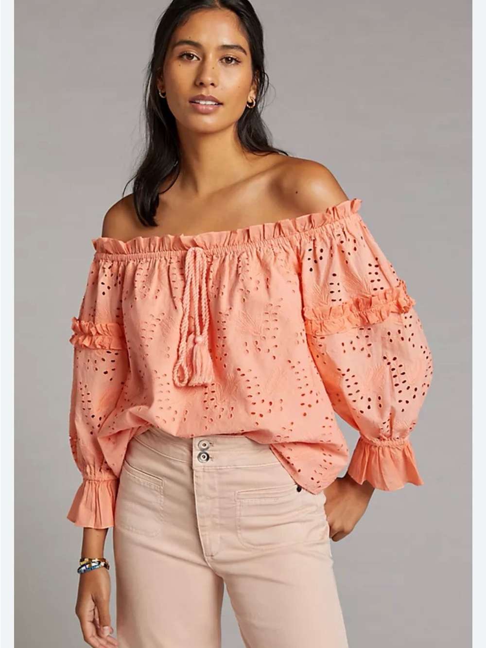 Off-Shoulder Eyelet Blouse in Terracotta